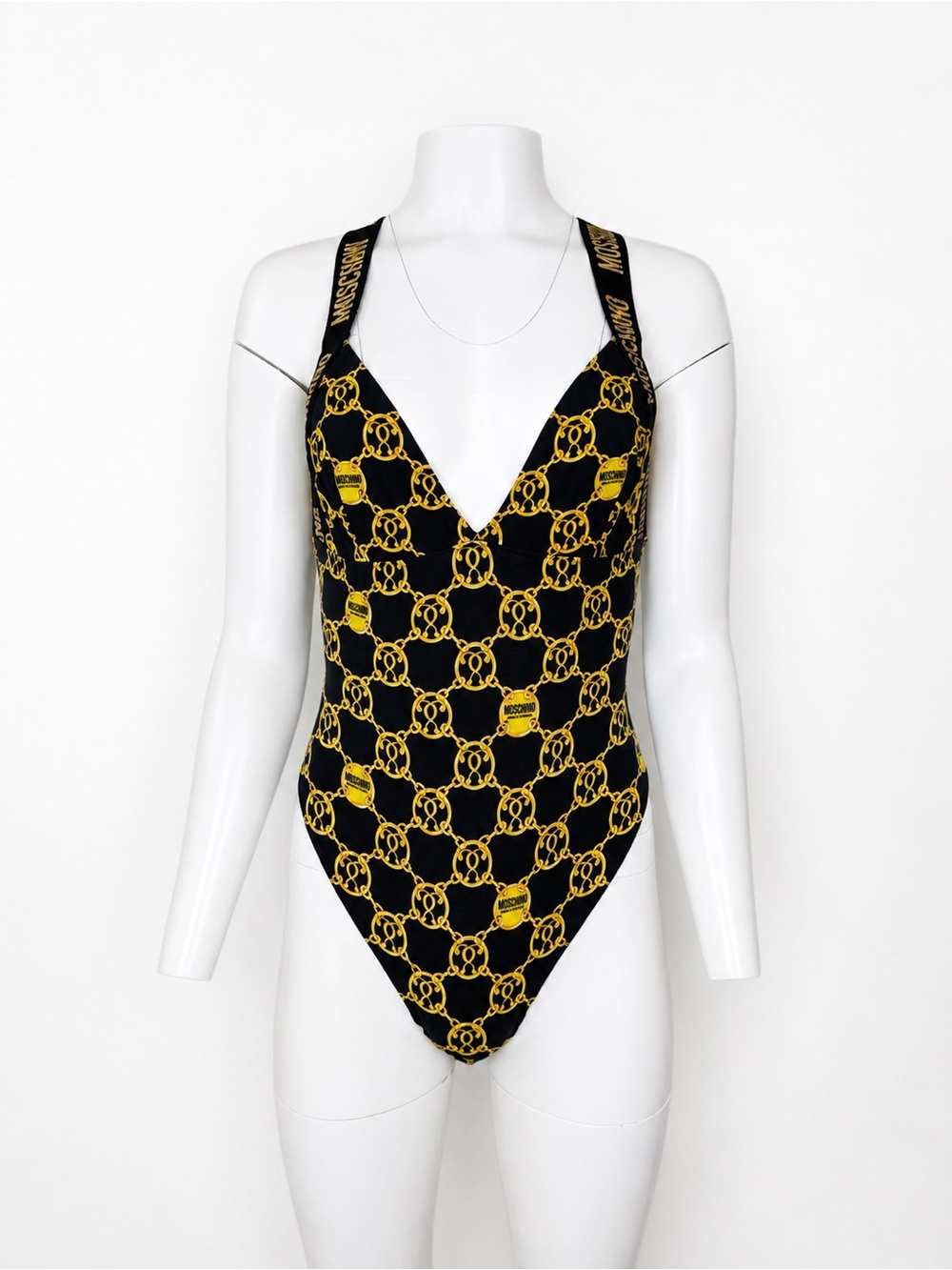 Moschino Women’s S Black Gold Chain Print One Piece Swimsuit Logo Strap